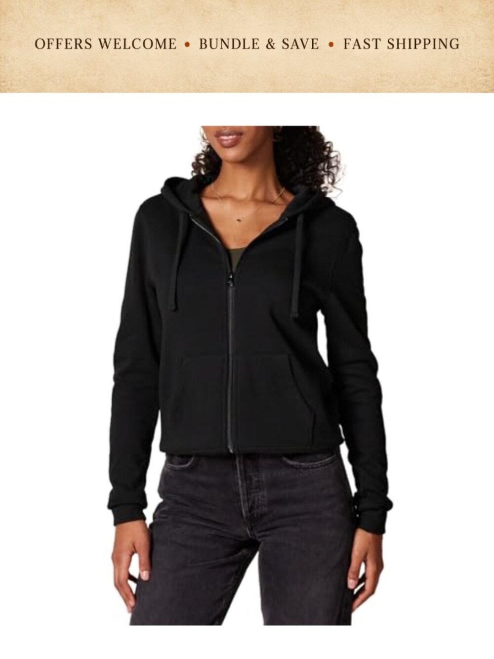 French Terry Full-Zip Hoodie Split Kangaroo Pocket Ribbed Cuffs Hem